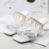 Women Pearls Jewelry Tassel Square Toe Chunky Heels Strap Slipper Sandals