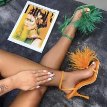 Women Fashion Feather Stiletto Heels Flip-Flops Sandals