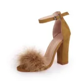 Suede Furry Buckle Open Toe Chunky Heel Sandals Shoes