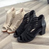 Jewelry Mesh Weave Hollow Out Fish Mouth Chunky Heels Sandals