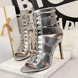 Metallic Gladiator Hollow Out Tie-up Sexy Open Toe Stiletto Heels Sandal Boot