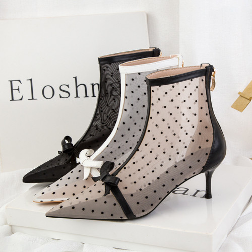 Women Mesh Dots Pointed Tow Stiletto Leather Heels Boots