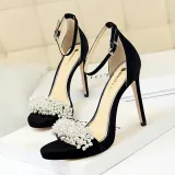 Suede Pointed Toe Pearl Strap Buckle Stilettos Heel Sandals