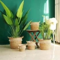 Tassel Rattan Straw Flower Basket Woven Bag Decorative Storage Basket Rattan Basket
