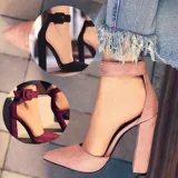 Suede Classic Pointy Toe Ankle Buckle Strap High Chunky Heel Pump Dress Shoes