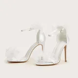 Lace Mesh Bowknot Rosette High Heels Sandals Wedding Party Shoes