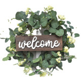 Welcome Slogan Eucalyptus Wreath with White Clusters Wood Front Door Decor