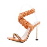 Square Toe Gold Metal Chain Cross Ankle Stiletto Heel Sandals