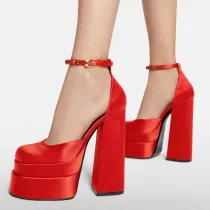 Satin Rhinestones Ankle Buckle Platform Chunky Heels Shoes