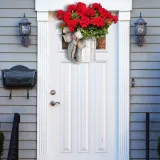Red Geranium Cradle Wreath Burlap Bowknot Front Door Hanging Decor
