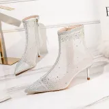 Women Mesh Rhinestones Stiletto Heels Boots