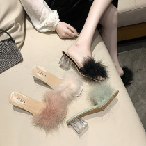 Women Feather Fur Transparent Square Heels Slipper Sandals