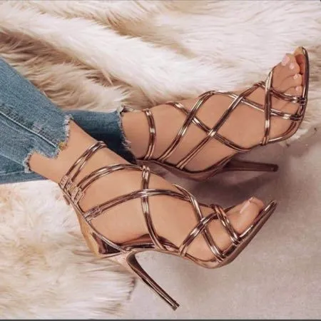 Metallic Open Toe Cross-tied Stiletto Gladiator Heels Pumps Sandals