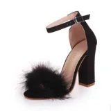 Suede Furry Buckle Open Toe Chunky Heel Sandals Shoes