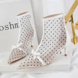Women Mesh Dots Pointed Tow Stiletto Leather Heels Boots
