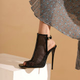 Mesh Hollow Out Square Toe Fish Mouth Stiletto Heels Sandals