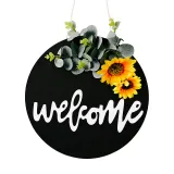Welcome Slogan Wooden Doorplate Bowknot Flower Front Door Wall Hanging Decor