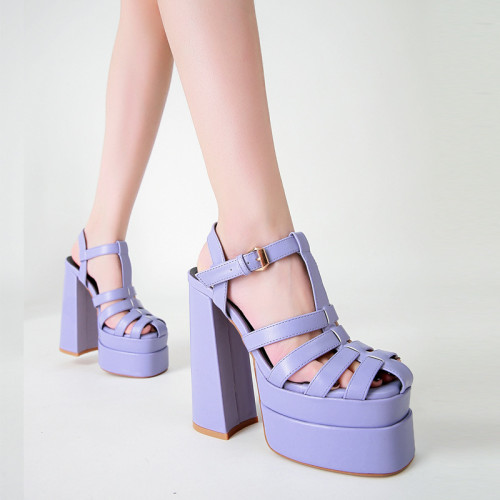 Hollow Cut Luxury Double Layers Platform Chunky Heels Sandals Shoes