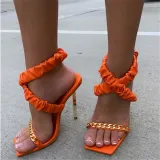 Square Toe Gold Metal Chain Cross Ankle Stiletto Heel Sandals