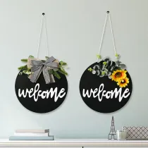 Welcome Slogan Wooden Doorplate Bowknot Flower Front Door Wall Hanging Decor