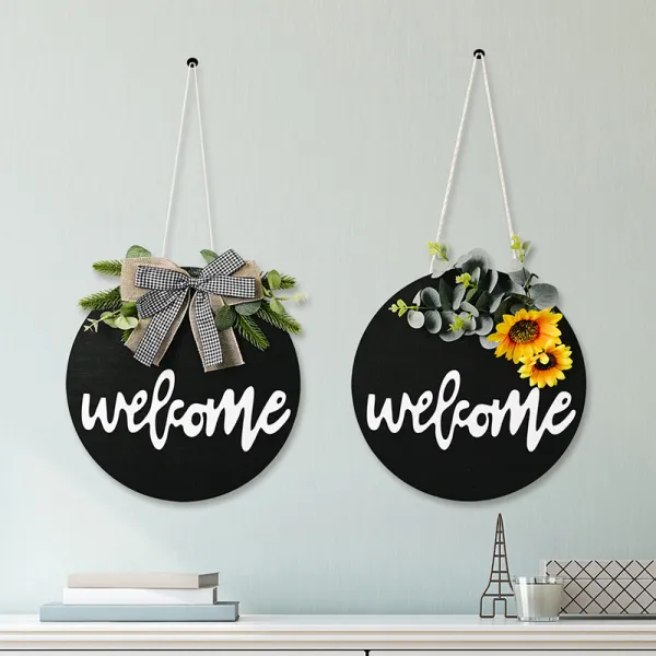 Welcome Slogan Wooden Doorplate Bowknot Flower Front Door Wall Hanging Decor