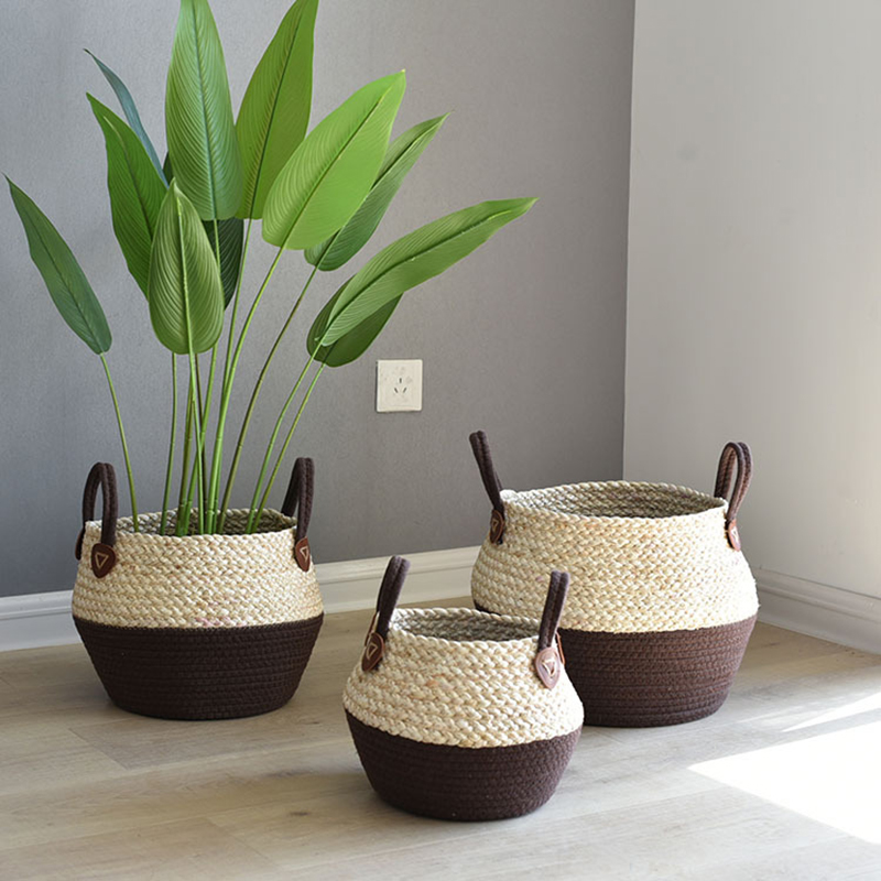 Woven Trigonella Flower Basket Hand-held Double-colored Plant Flowerpot for Decoration