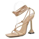 Women Cross-tied Ankle Strap Sandals Basic Pu Spike Heels Lace-Up Party Pumps