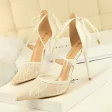 Mesh Pointed Toe Stiletto Heels Slingback Anckl Tie-up Formal Shoes