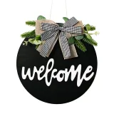 Welcome Slogan Wooden Doorplate Bowknot Flower Front Door Wall Hanging Decor
