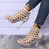 Gladiator Metal Rivets Peep Toe Modern Hollow Out High Heels Sandal Boots Shoes