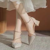Sparking Pointed Closed Toe Square Heel Ankle Buckle Sandals
