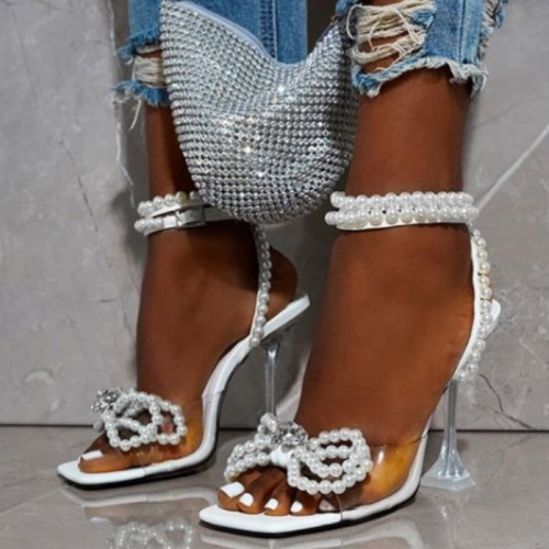 White Pearl Bowtie Ornament Square Open Toe Single Ankle Buckle Sandals