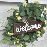 Welcome Slogan Eucalyptus Wreath with White Clusters Wood Front Door Decor