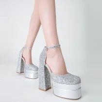 Women Thick Heel Sandals With Sequins Ankle Buckle Party Sandals
