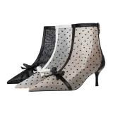 Women Mesh Dots Pointed Tow Stiletto Leather Heels Boots