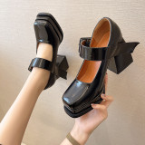 Leather Square Closed Toe Platform Chunky Heels Waterproof Shoes
