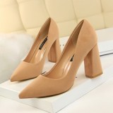 Retro Suede Solid Color Pumps Pointed Toe Chunky Heel Shoes