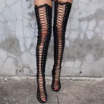 Hollow Out Lace Up Over The Knee Peep Round Toe Women Thigh High Boots