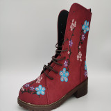 Women PU Leather Flower Pattern Lace Up Round Toe Boots