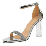 Suede Bling Sequins Pointed Open Toe Buckle Transparent Chunky High Heels Sandals