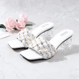 Weave Strap Square Toe Chunky Transparent Heels Slipper