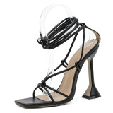 Women Cross-tied Ankle Strap Sandals Basic Pu Spike Heels Lace-Up Party Pumps