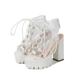 PVC Personality Jelly Transparent Platform Lace Up Chunky Heels Sandal Boots