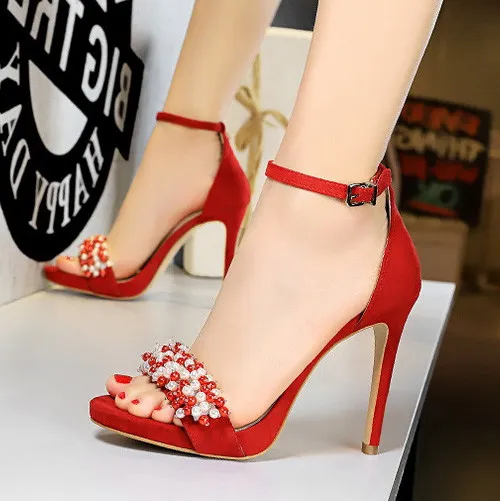Suede Pointed Toe Pearl Strap Buckle Stilettos Heel Sandals