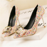 Mixed Colors Woolen Women Elegant Crystal Metal Buckle High Heel Shoes