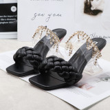 Women Pearls Jewelry Tassel Square Toe Chunky Heels Strap Slipper Sandals