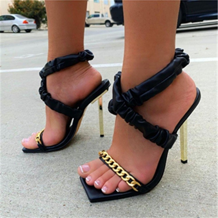 Square Toe Gold Metal Chain Cross Ankle Stiletto Heel Sandals