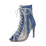 Fish Mouth Mesh Jeans Lace Up Stiletto High Heels Boots