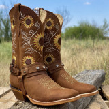 Women Sunflower Pattern Cow Boots