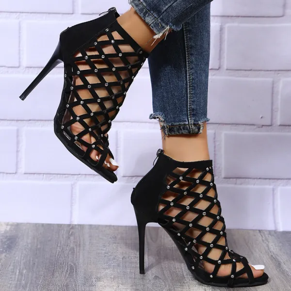 Gladiator Metal Rivets Peep Toe Modern Hollow Out High Heels Sandal Boots Shoes